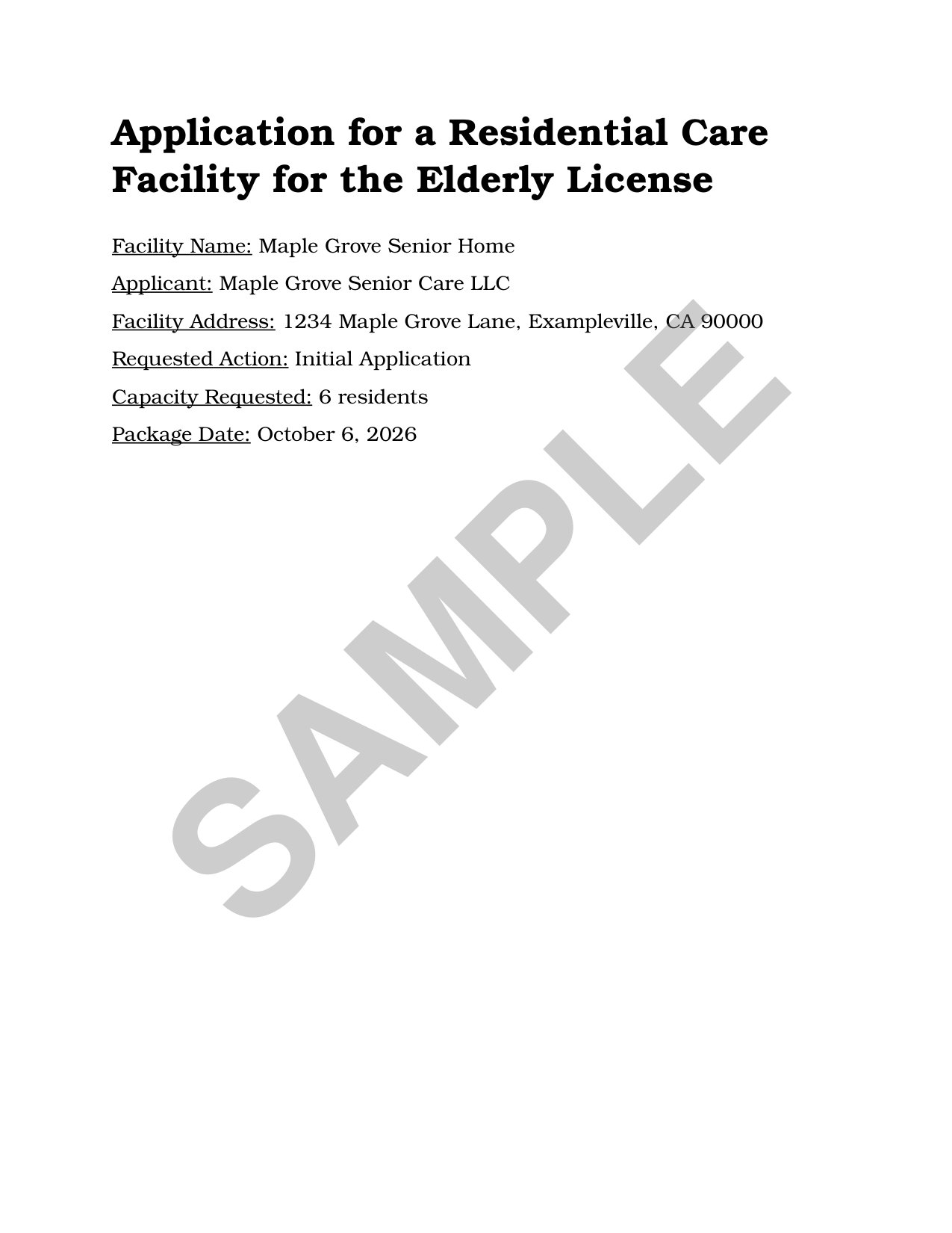Sample title page of an RCFE application package