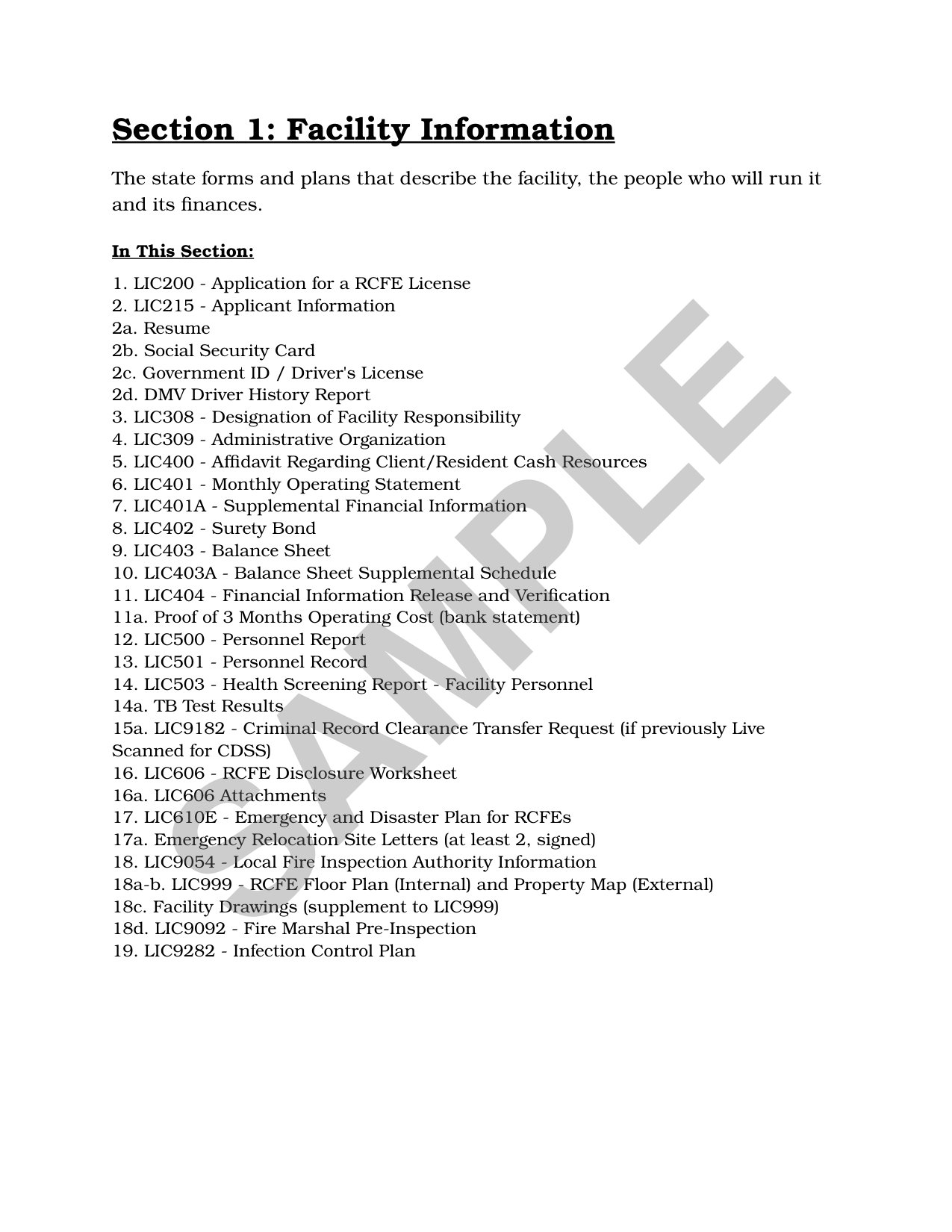 Sample section introduction listing the items in the section