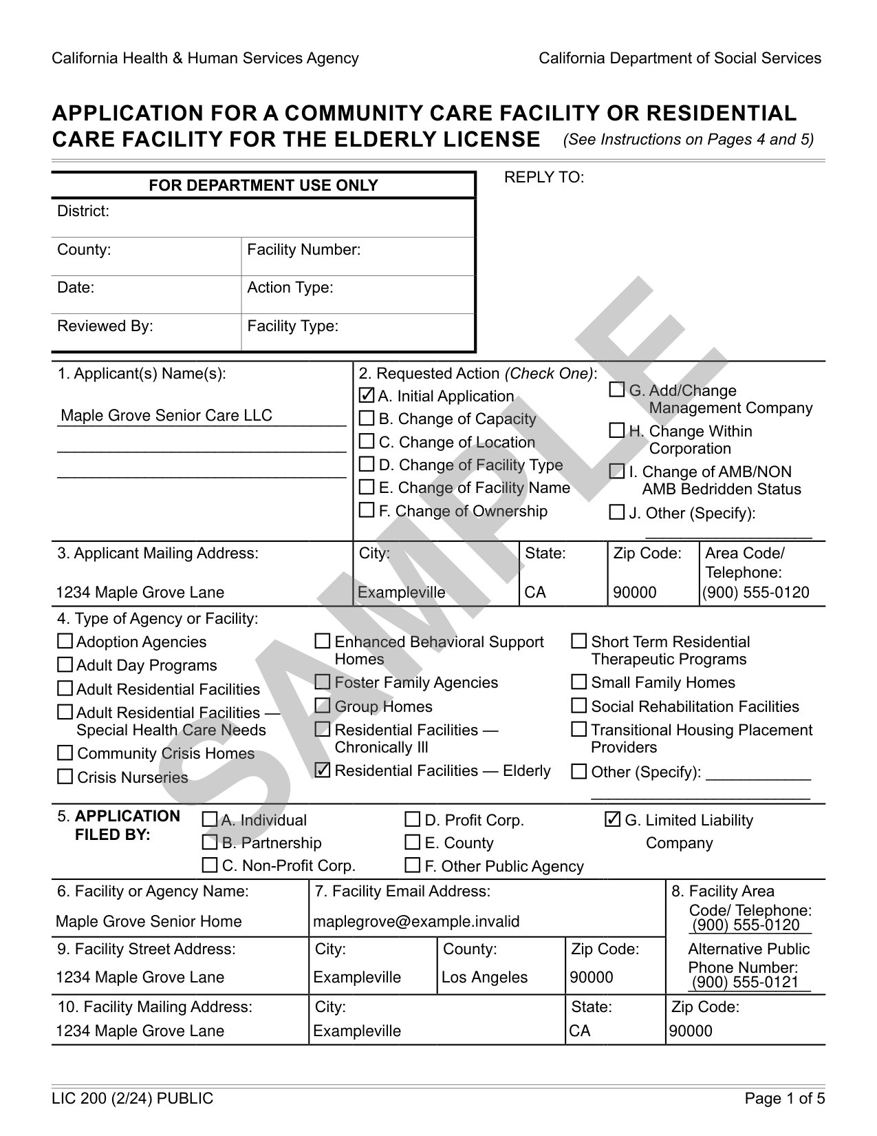 Sample first page of the LIC200 application, filled in